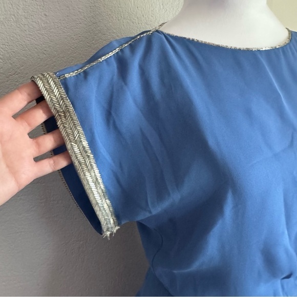 Vintage Norman Berg Blue Peplum Dress w/ Hand Beaded Trim - Picture 5 of 15